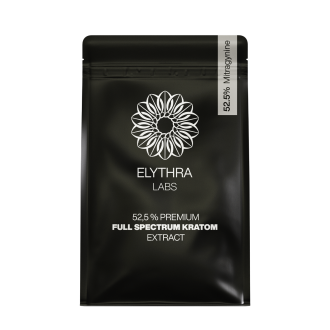 Emballage noir de l&rsquo;extrait de kratom &agrave; spectre complet premium ELYTHRA LABS 52,5 % avec logo floral blanc et &eacute;tiquette indiquant 52,5 % de mitragynine.
