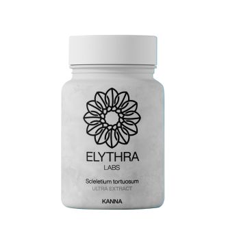 Flacon blanc de compl&eacute;ment alimentaire &eacute;tiquet&eacute; &ldquo;ELYTHRA LABS &ndash; Sceletium tortuosum ULTRA EXTRACT (KANNA)&rdquo; avec un logo noir floral-g&eacute;om&eacute;trique sur le devant.
